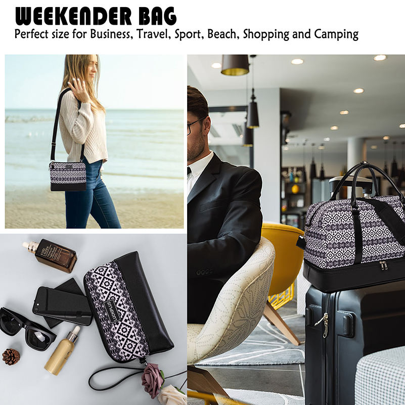 Leather trimming custom printing duffel sling bag cosmetic pouch traveling bag set for women weekend duffle travel bag set